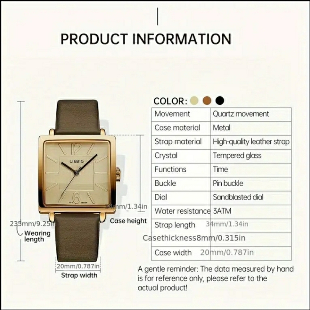 NEW! Golden Coffee Square Quartz Watch with Brown Leather Strap - Picture 7 of 12